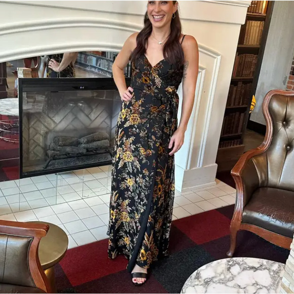 Hutch Black Burnout Velvet Slip Maxi Dress MEDIUM Floral Wrap Gown Designer $319 - Picture 4 of 11